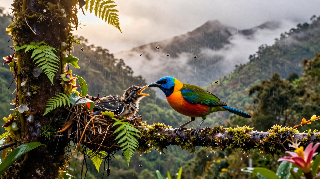 Pássaro colorido alimentando filhote no ninho em galho com vegetação e montanhas ao fundo na chuva.