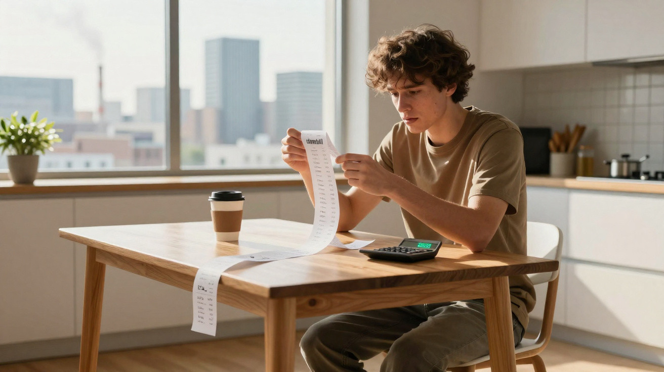 Jovem sentado à mesa em cozinha moderna, analisando longa conta com calculadora e café ao lado.