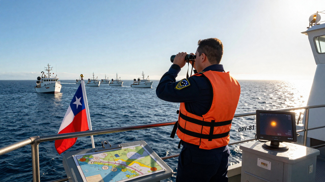 Marinheiro com colete laranja observa seis barcos no mar usando binóculos em dia ensolarado.
