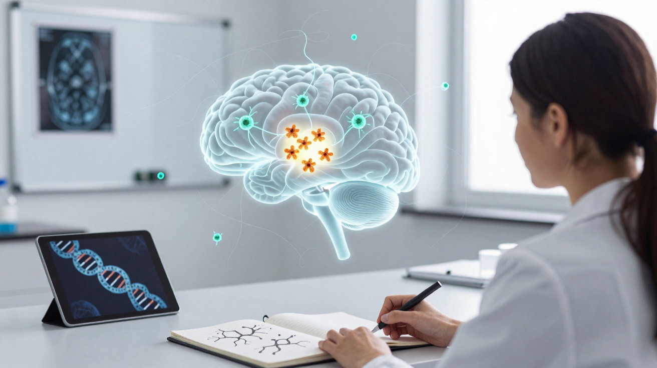 Mulher cientista analisando holograma do cérebro e DNA enquanto faz anotações em caderno em laboratório moderno.