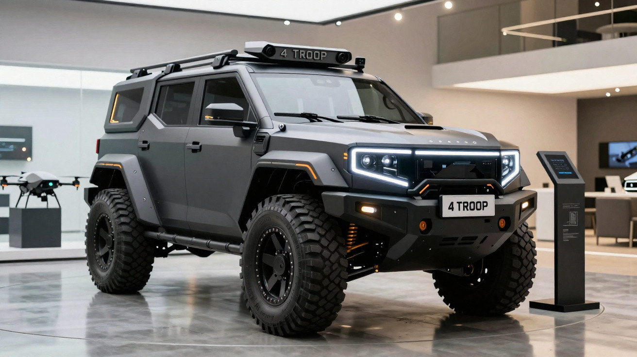 Veículo off-road cinza 4 Troop exposto em ambiente moderno com pneus robustos e luzes de LED.