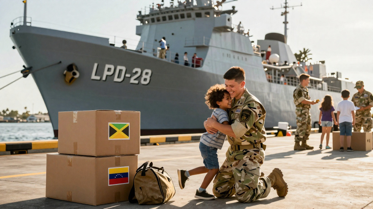 Soldado militar abraçando criança em cais perto de navio LPD-28 com caixas e mochilas.