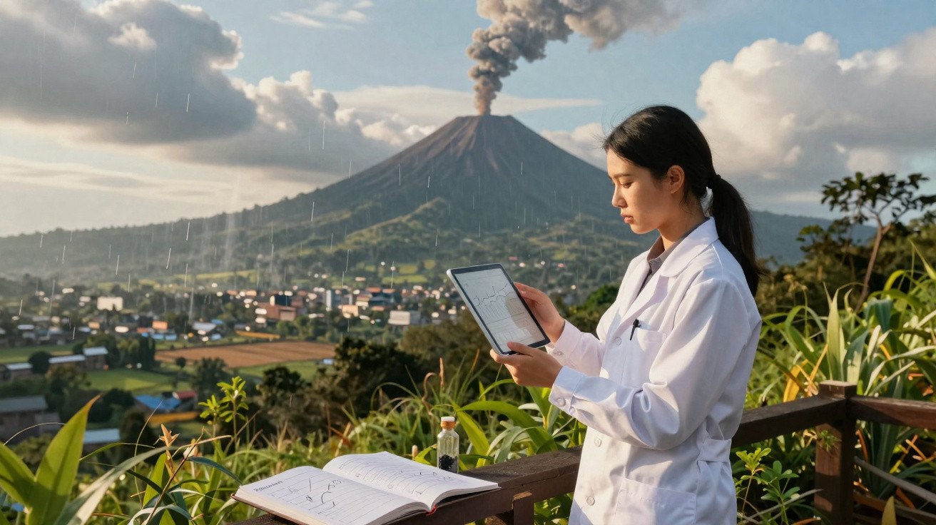 Mulher cientista com jaleco branco analisa dados em tablet enquanto vulcão em erupção libera fumaça ao fundo.