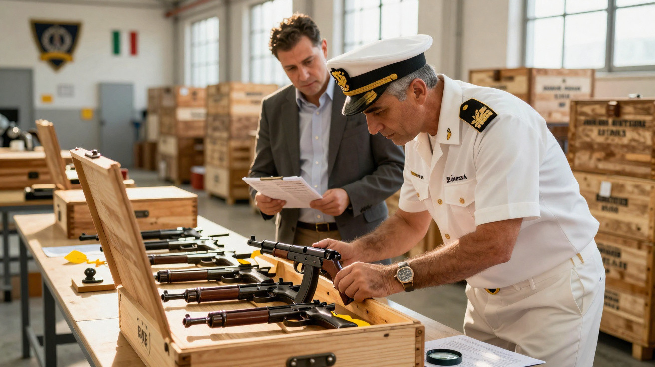 Homem em uniforme naval inspeciona armas dentro de caixa de madeira com outra pessoa em ambiente industrial.