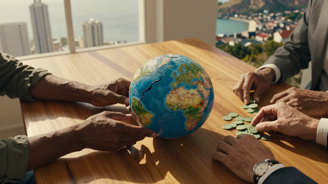 Mãos de três pessoas seguram globo terrestre rachado e moedas verdes sobre mesa de madeira em escritório alto.