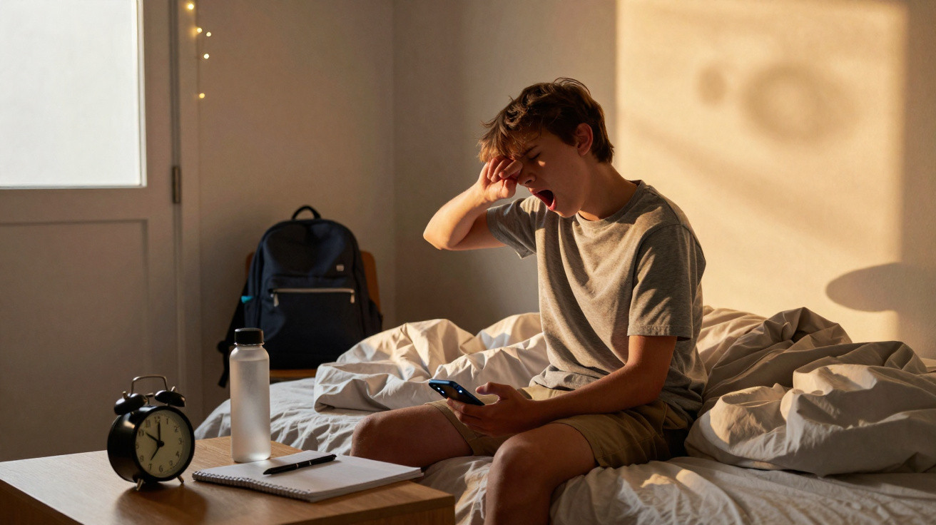 Adolescente sentado na cama espreguiçando e olhando para o celular ao amanhecer.