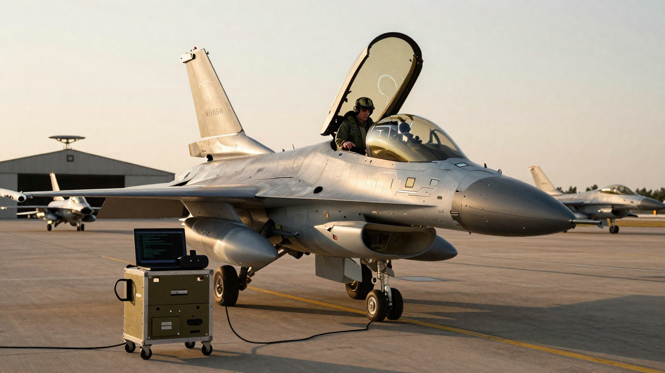Caça militar estacionado com piloto na cabine e equipamento eletrônico conectado no chão.