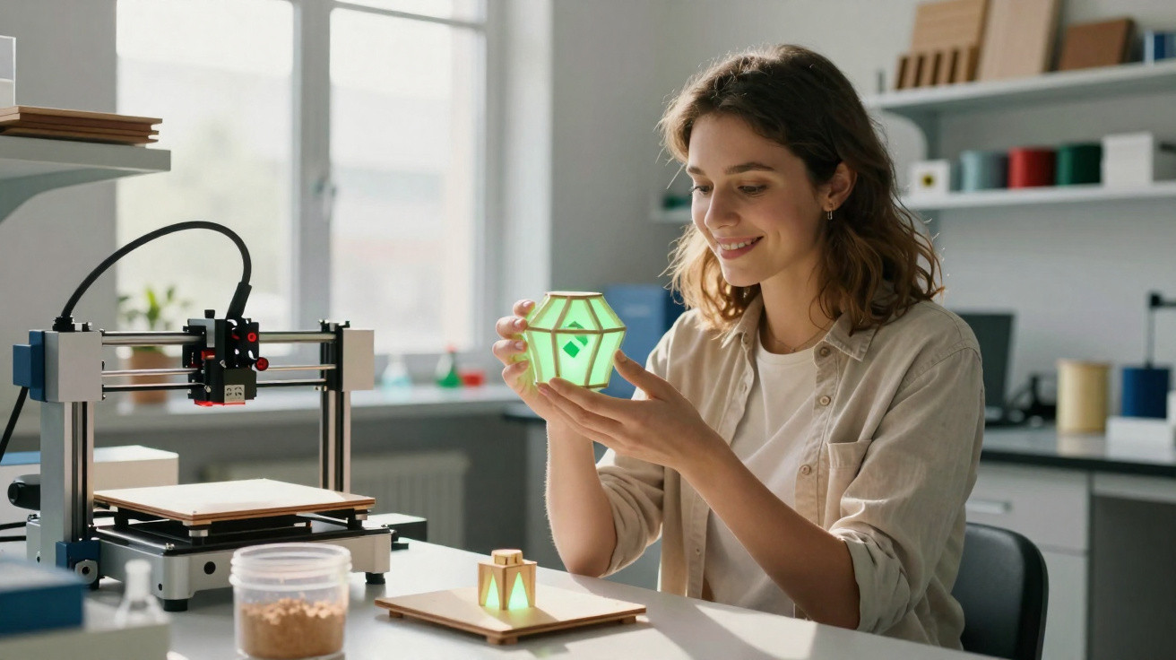 Mulher sorridente segurando objeto iluminado impresso em 3D em ambiente de laboratório ou estúdio.