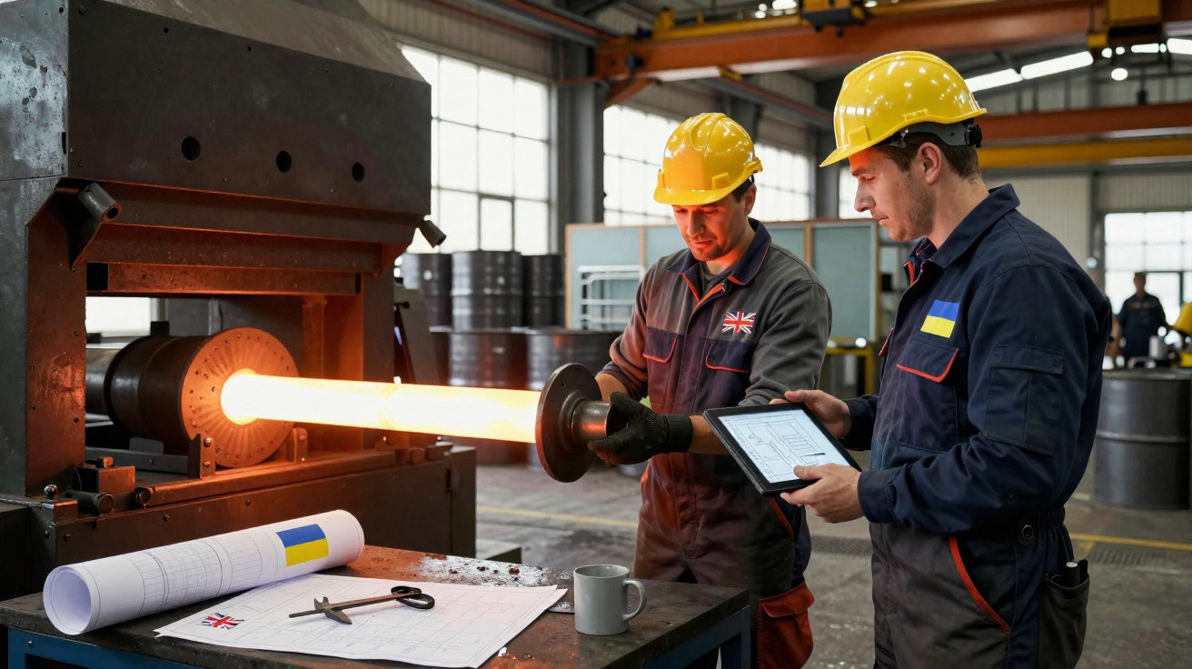 Dois trabalhadores com capacetes monitoram metal incandescente em fábrica, um segurando máquina, outro tablet.