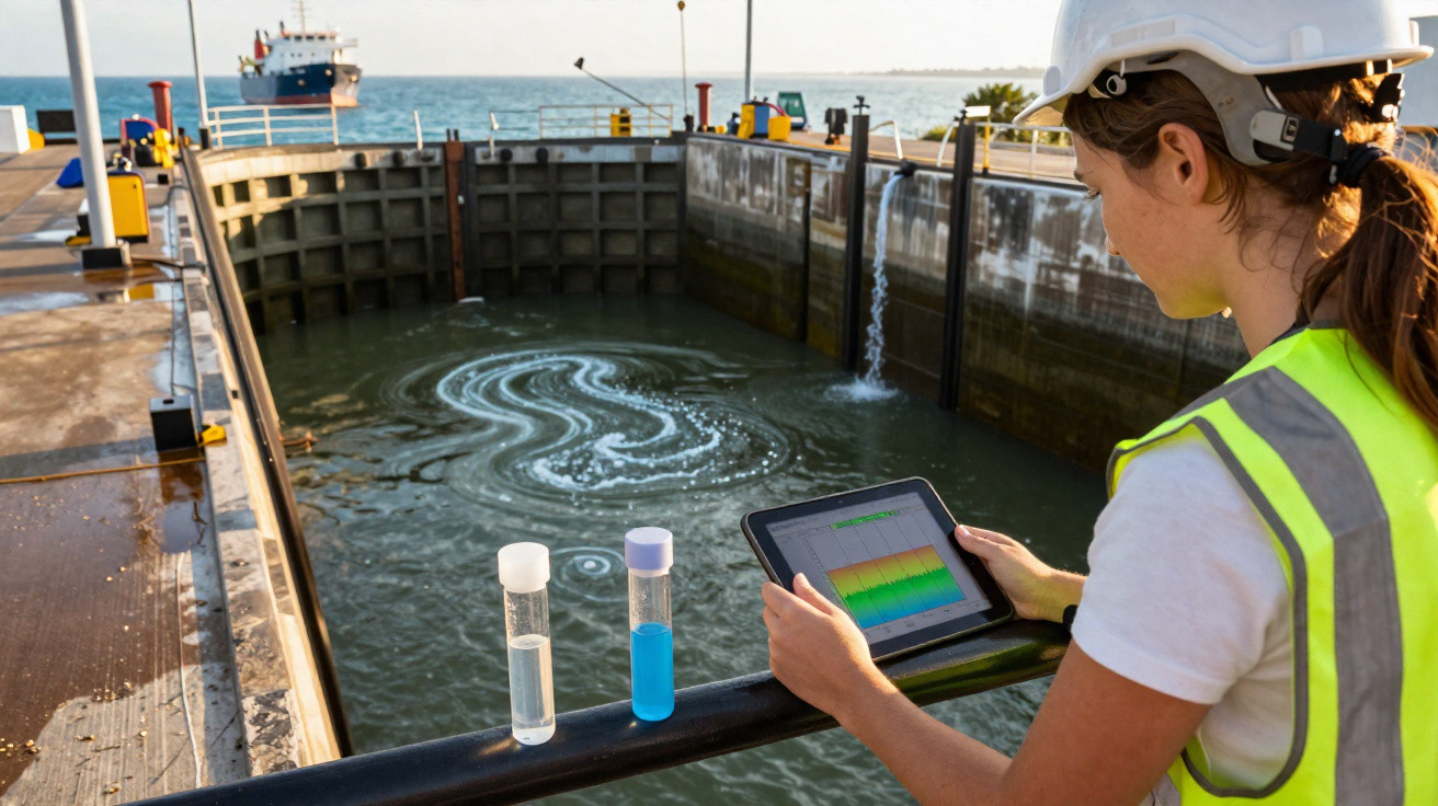 Mulher com colete e capacete analisa dados em tablet ao lado de amostras de água em canal industrial.
