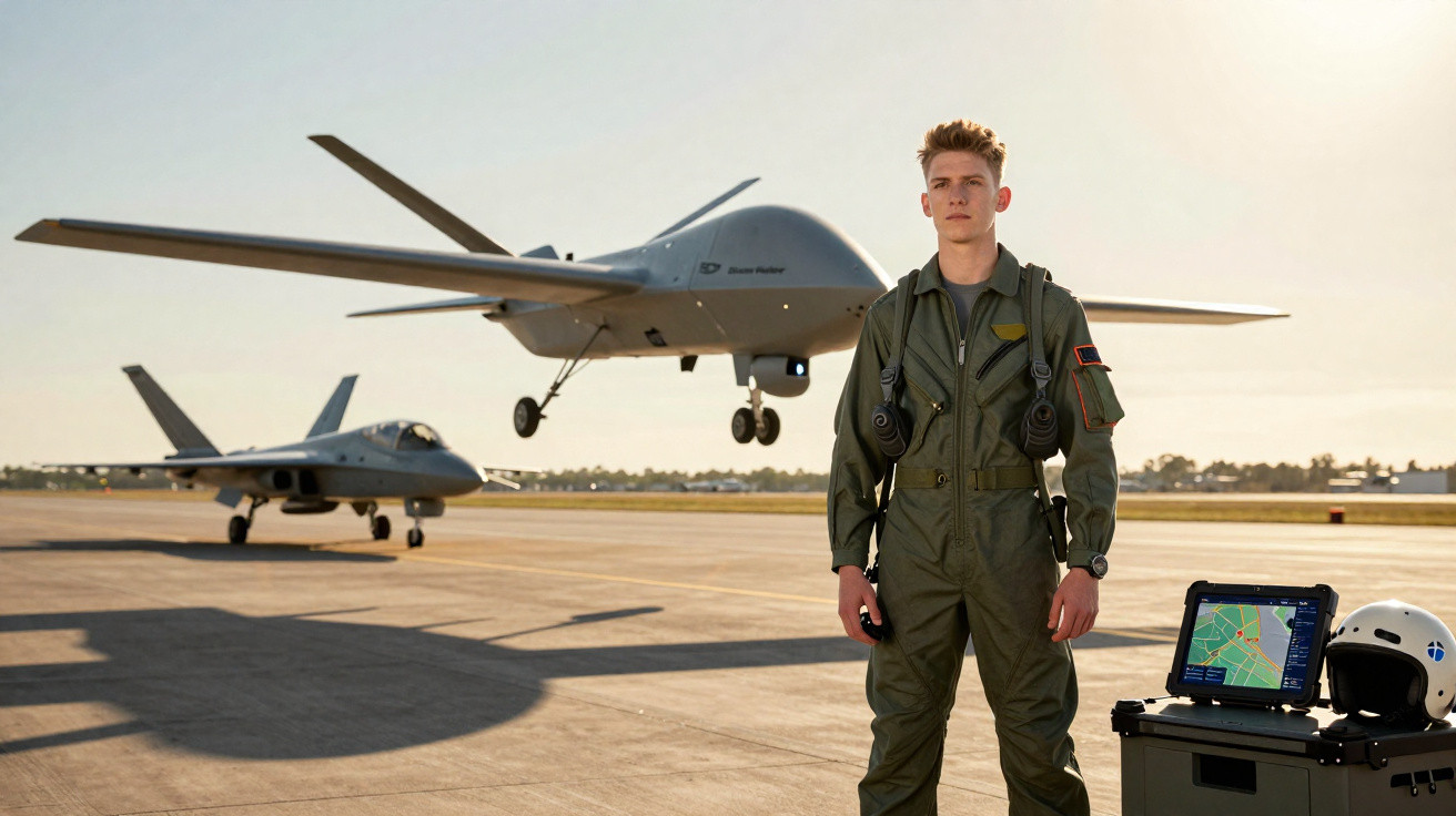 Jovem piloto em macacão verde na pista com drone militar voando e jato ao fundo durante o entardecer.