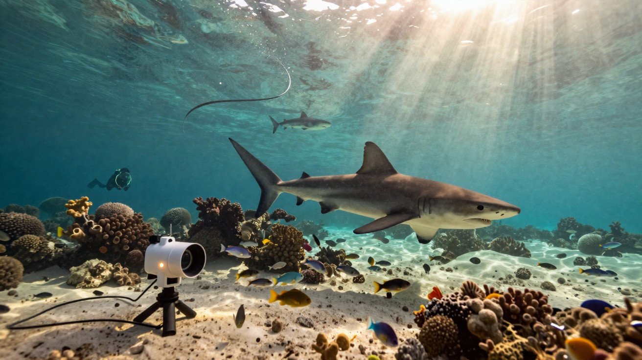 Câmera subaquática grava tubarão nadando próximo a recifes e peixes coloridos em mar cristalino iluminado pelo sol.