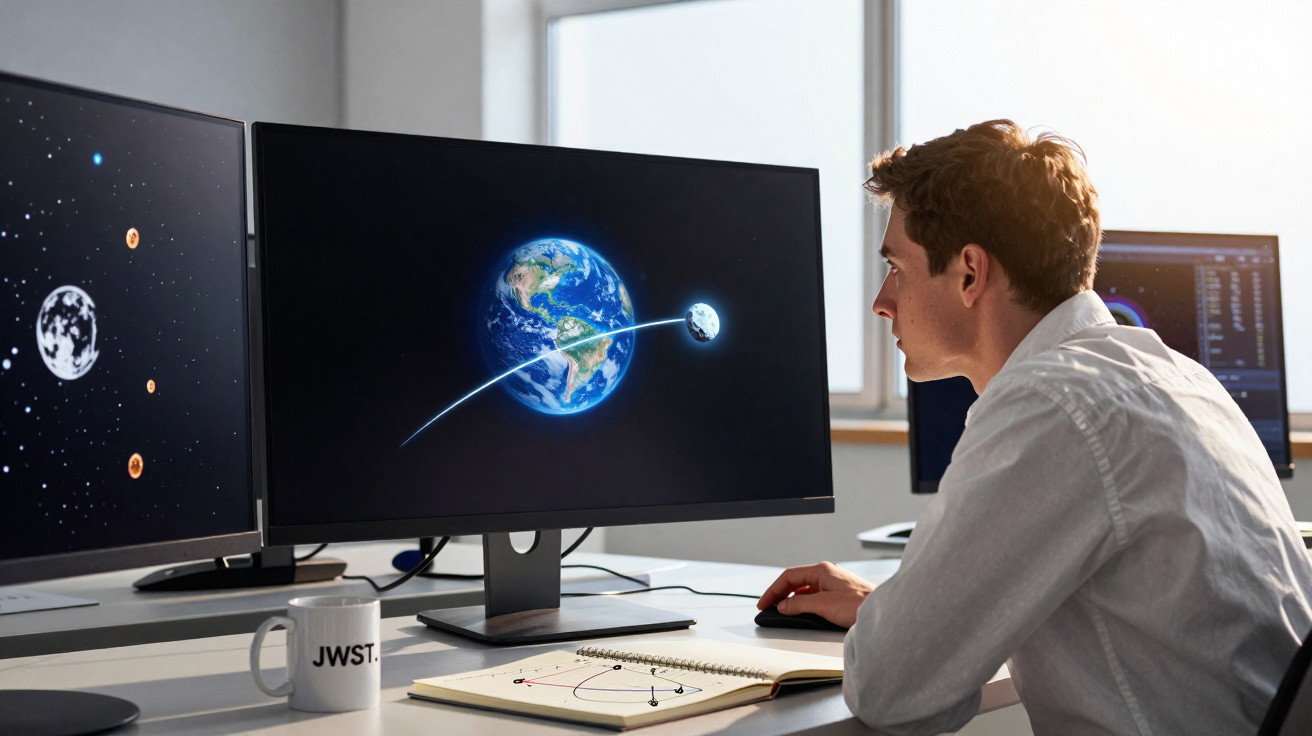 Homem observa imagens da Terra e da Lua em monitores num ambiente de trabalho tecnológico.