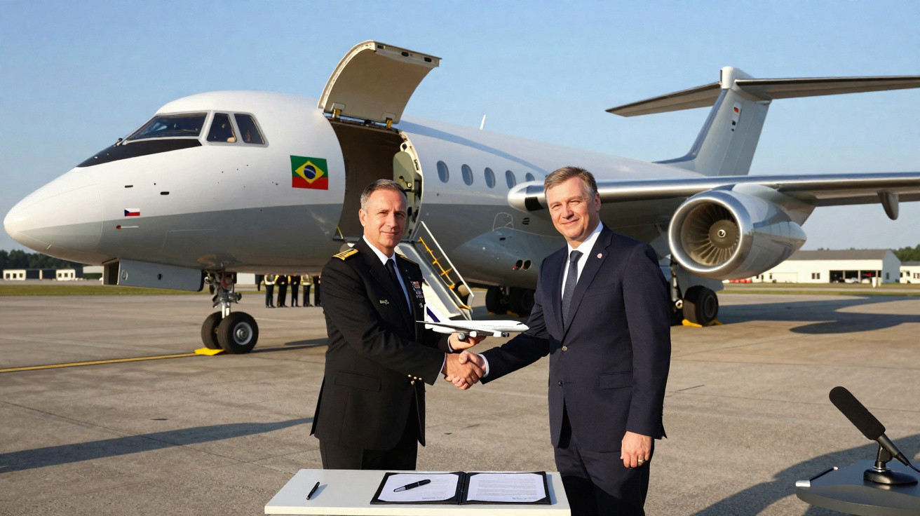 Dois homens de terno apertam as mãos diante de um avião branco com bandeira do Brasil na pista de aeroporto.