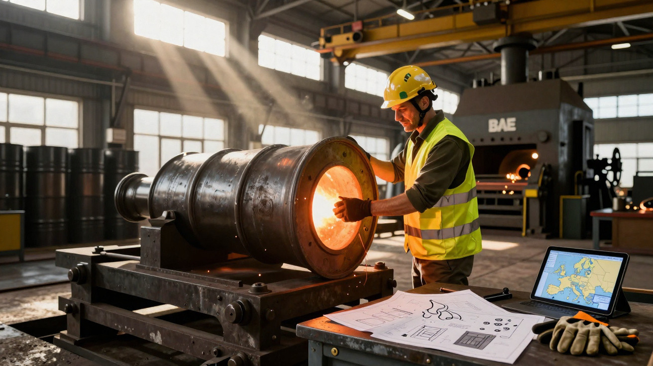Trabalhador em colete e capacete inspeciona interior de grande maquinário industrial em fábrica iluminada.