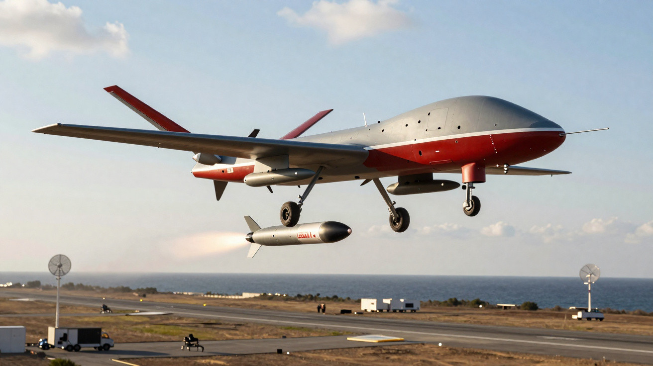 Drone militar de asa fixa com foguete preso abaixo voando sobre pista próxima ao mar.