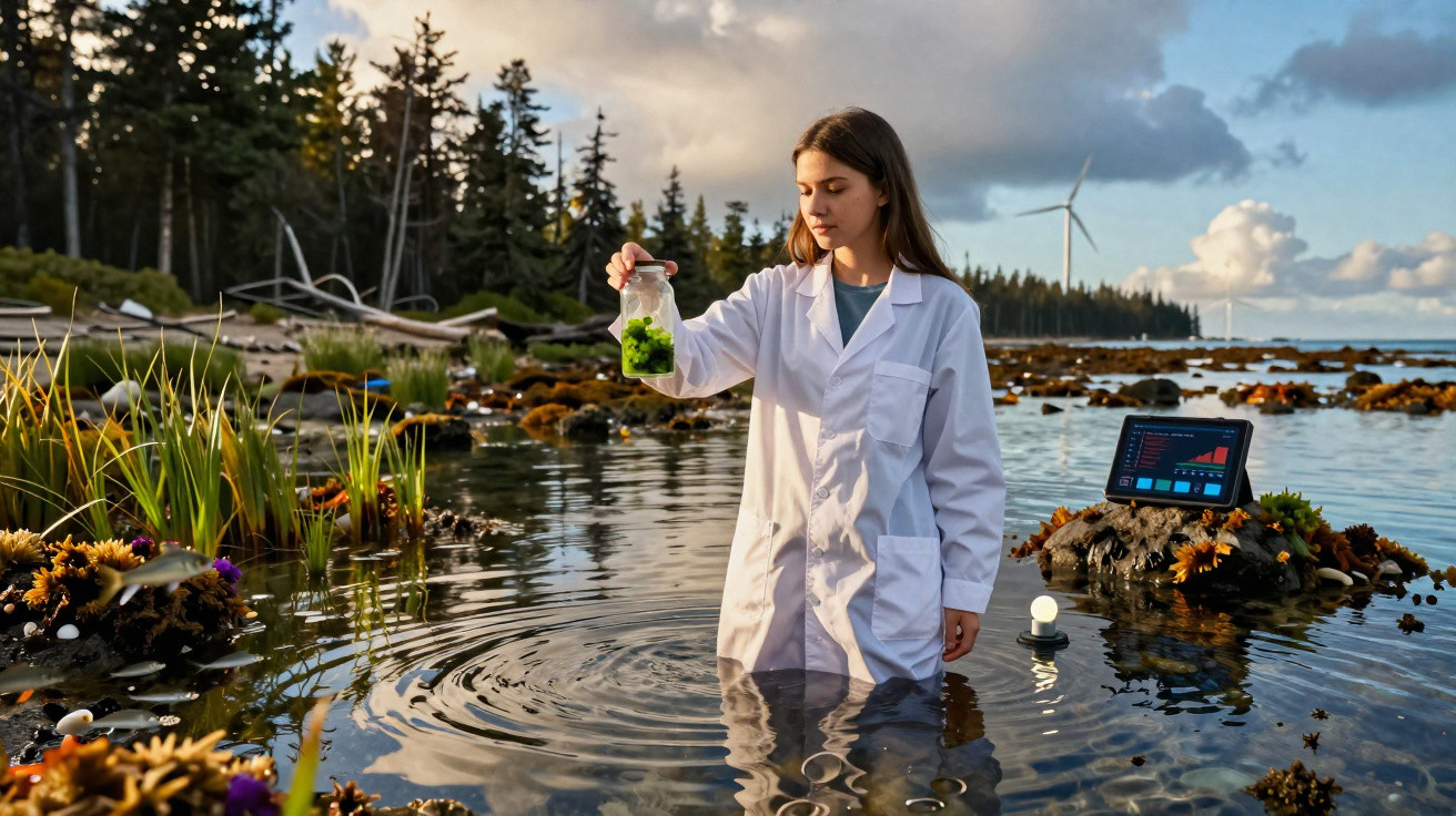 Mulher cientista em jaleco coleta amostra de plantas aquáticas em área alagada com instrumentos ao redor.