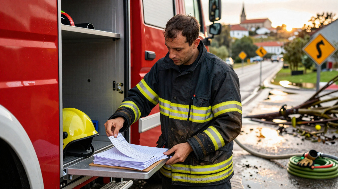 Bombeiro revisa documentos ao lado de caminhão de combate a incêndio após intervenção em via pública.