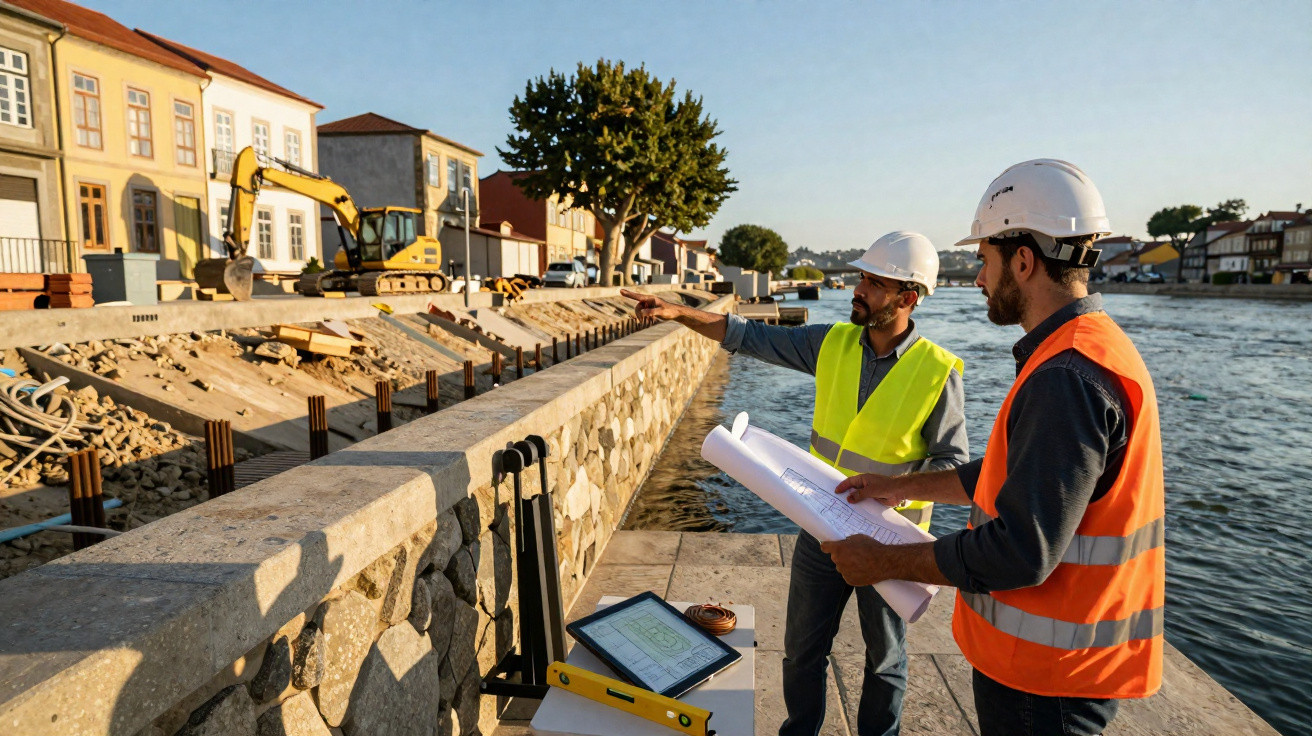 Engenheiros com coletes e capacetes analisam projeto de construção à beira de rio durante obra urbana.