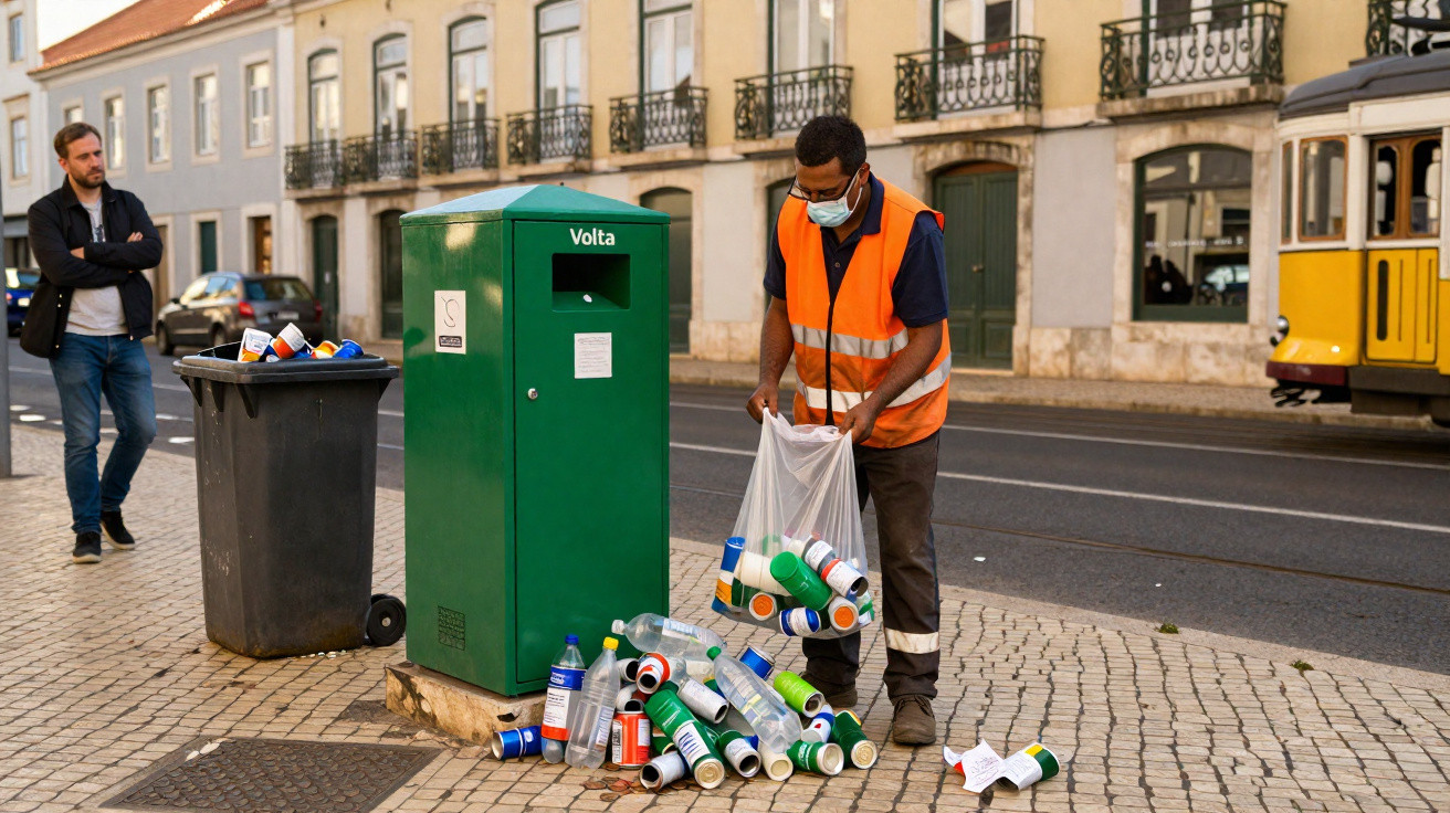 Coletor de lixo com colete laranja recolhe latas e copos descartáveis em calçada urbana.