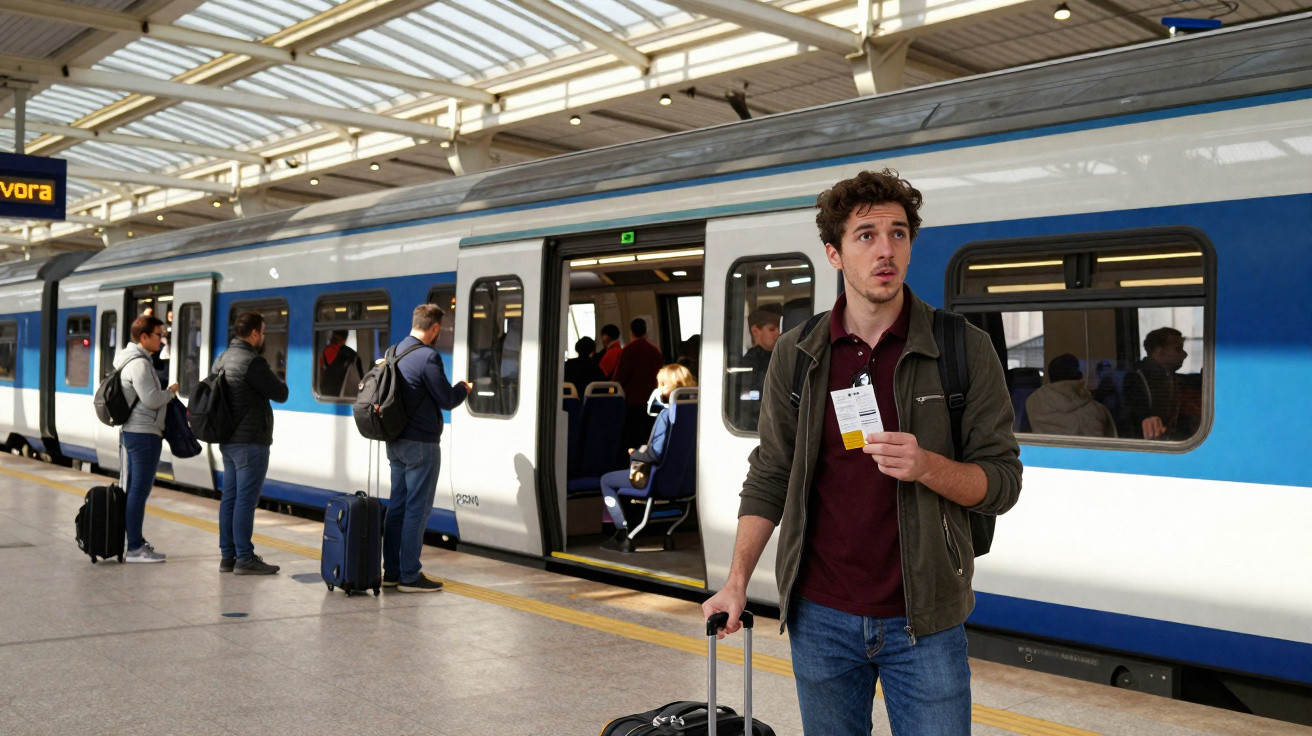 Homem segurando bilhete e mala ao lado de trem parado em estação com pessoas em fila esperando embarque.