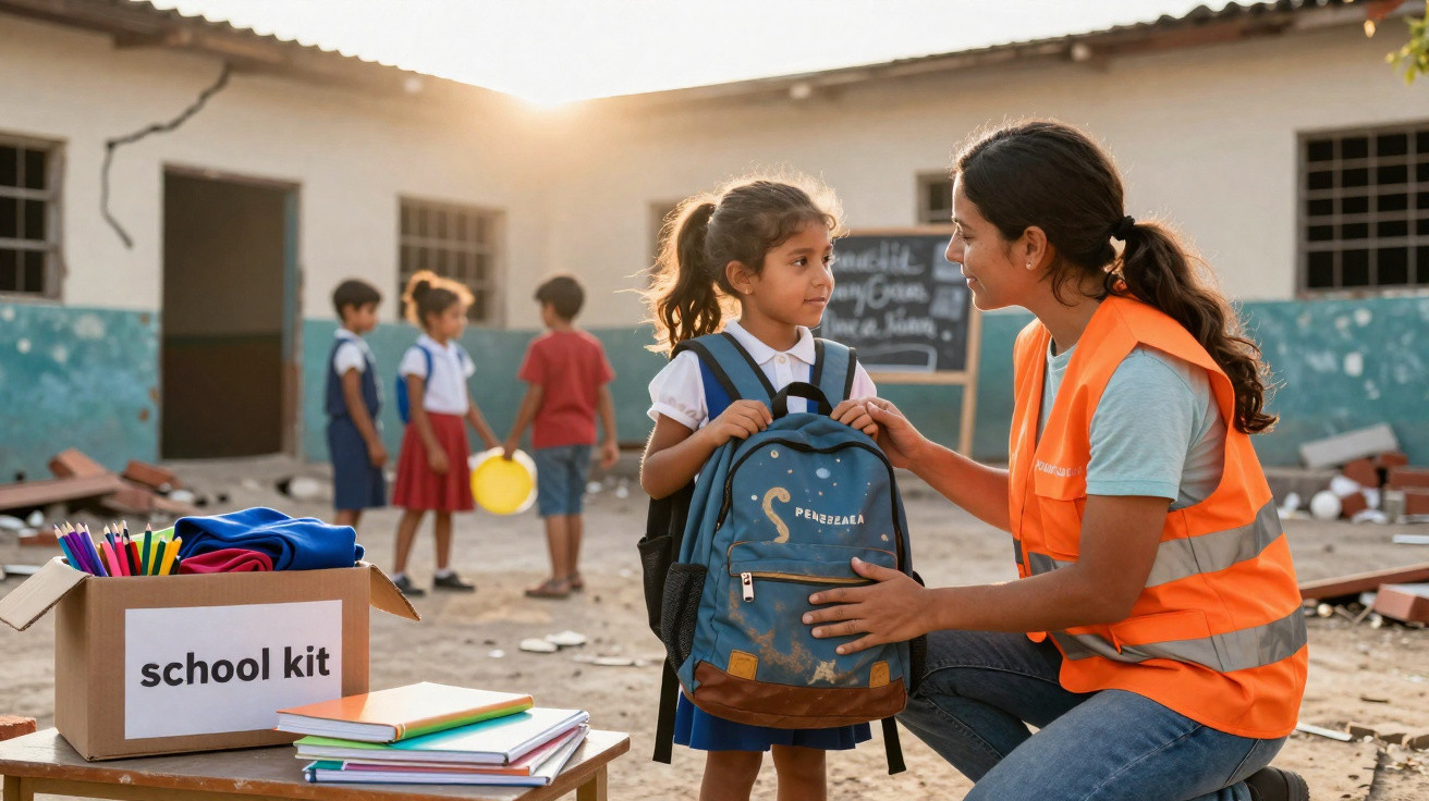 Voluntária entrega mochila escolar a menina pequena em área externa de escola com parede danificada.