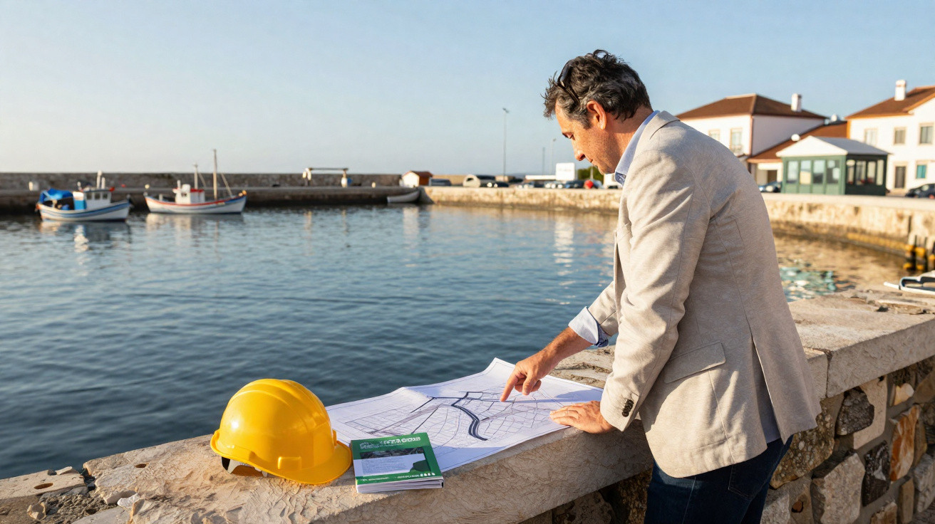 Homem consulta plantas na beira do porto com barcos e capacete amarelo ao lado em dia ensolarado.