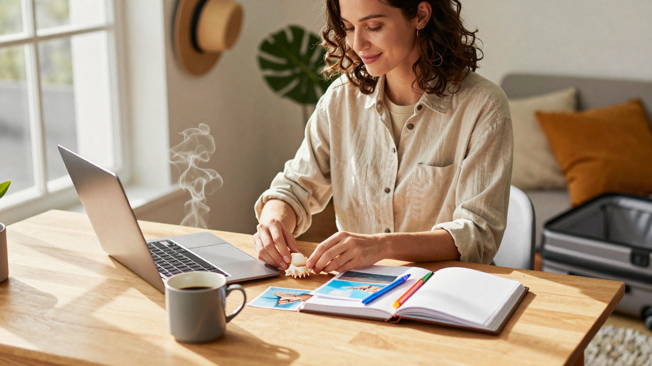 Mulher sentada à mesa organizando fotos e conchas, com laptop e caderno em ambiente iluminado por luz natural.