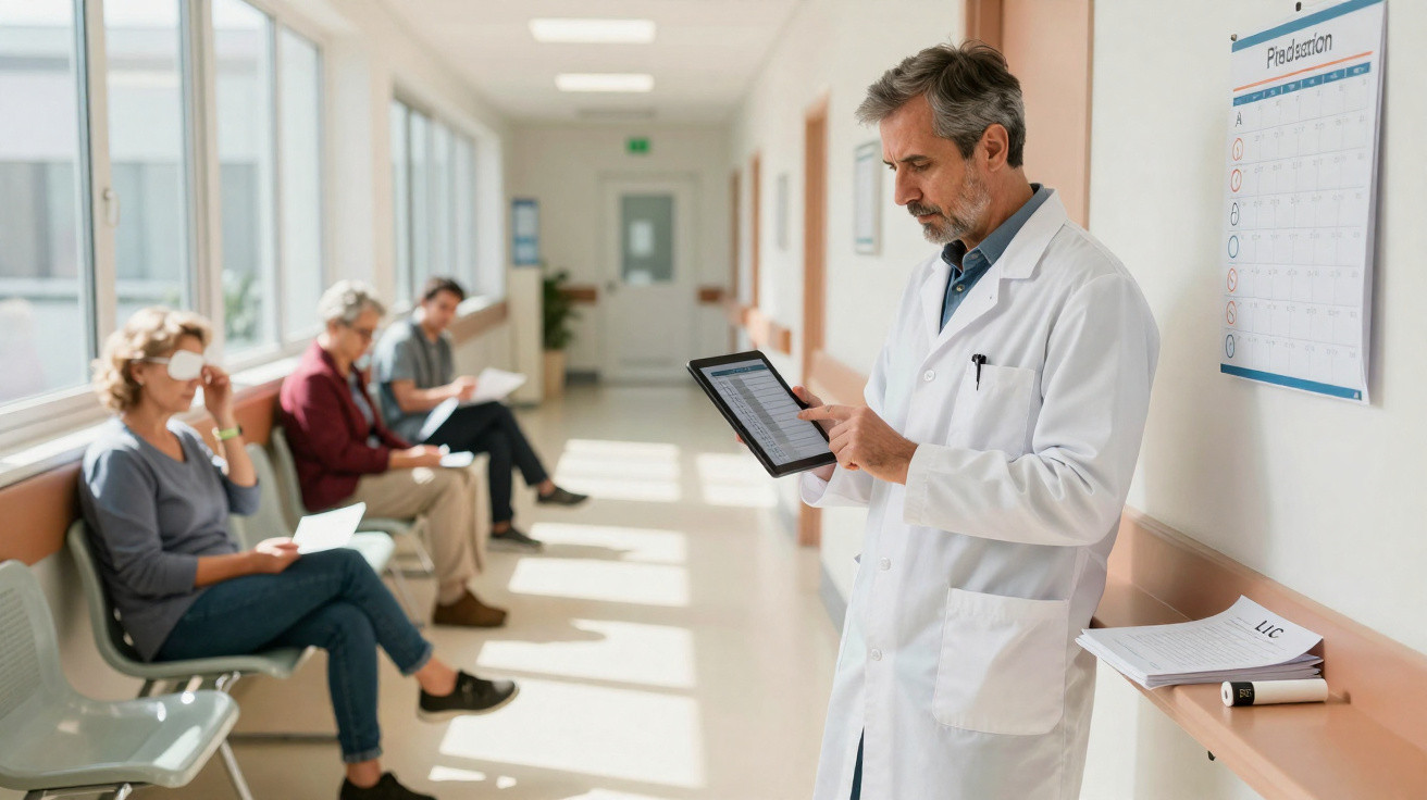 Homem de jaleco branco usando tablet em corredor de clínica com pacientes aguardando sentados.