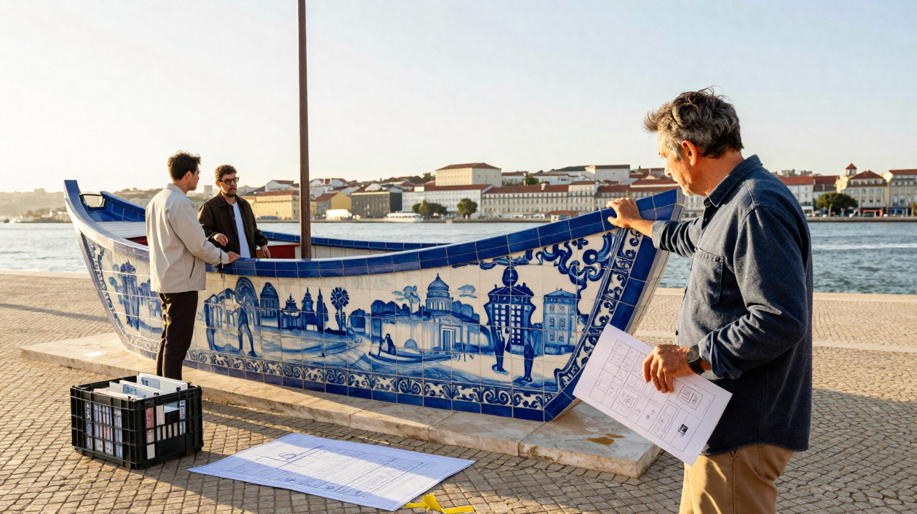 Três homens analisam uma escultura de barco decorada com azulejos azuis à beira de um rio em dia ensolarado.