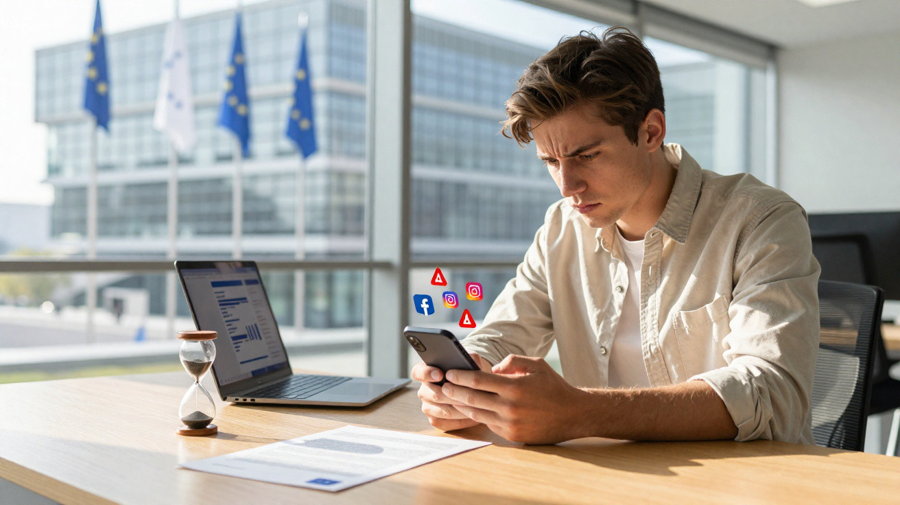 Homem sério usando celular e laptop em escritório com alertas de redes sociais na tela do celular.