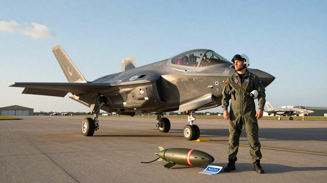 Caça F-35 estacionado com piloto em traje militar ao lado em pista de aeroporto, com bomba e placa da OTAN no chão.