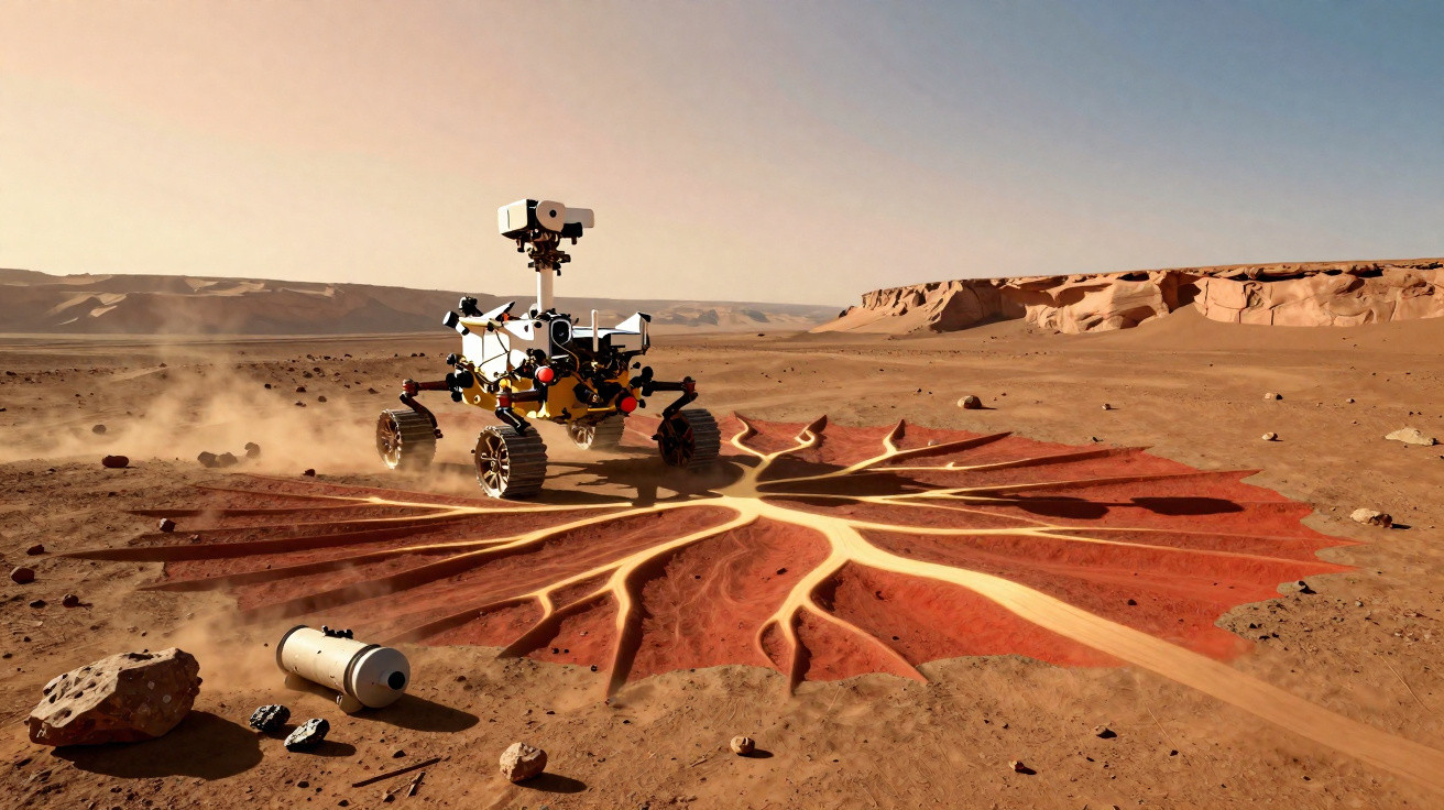 Rover explorando formação geológica incomum em solo árido com coloração vermelha e amarela, céu claro.