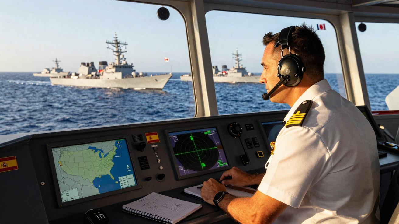 Oficial naval com fone de ouvido monitora radares em ponte de comando com navios de guerra no mar ao fundo.