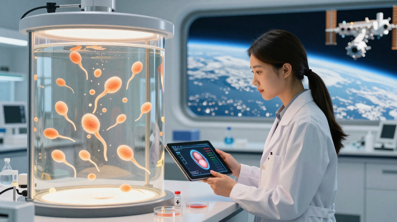 Cientista em laboratório espacial analisa células sob tela digital com visão da Terra ao fundo.