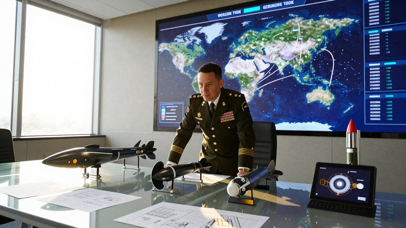 Oficial militar em sala de comando com mapas estratégicos, modelos de mísseis e documentos sobre a mesa.