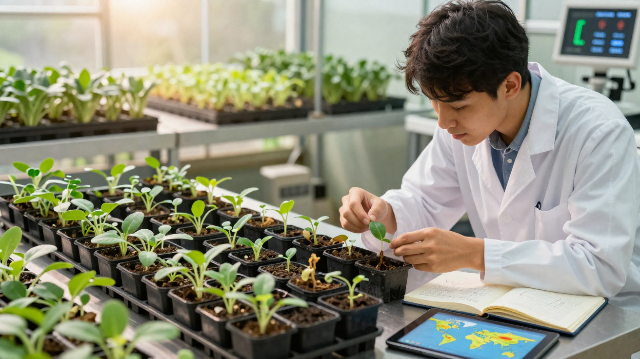 Pesquisador em jaleco analisa plantas jovens em laboratório com várias mudas e equipamentos ao redor.
