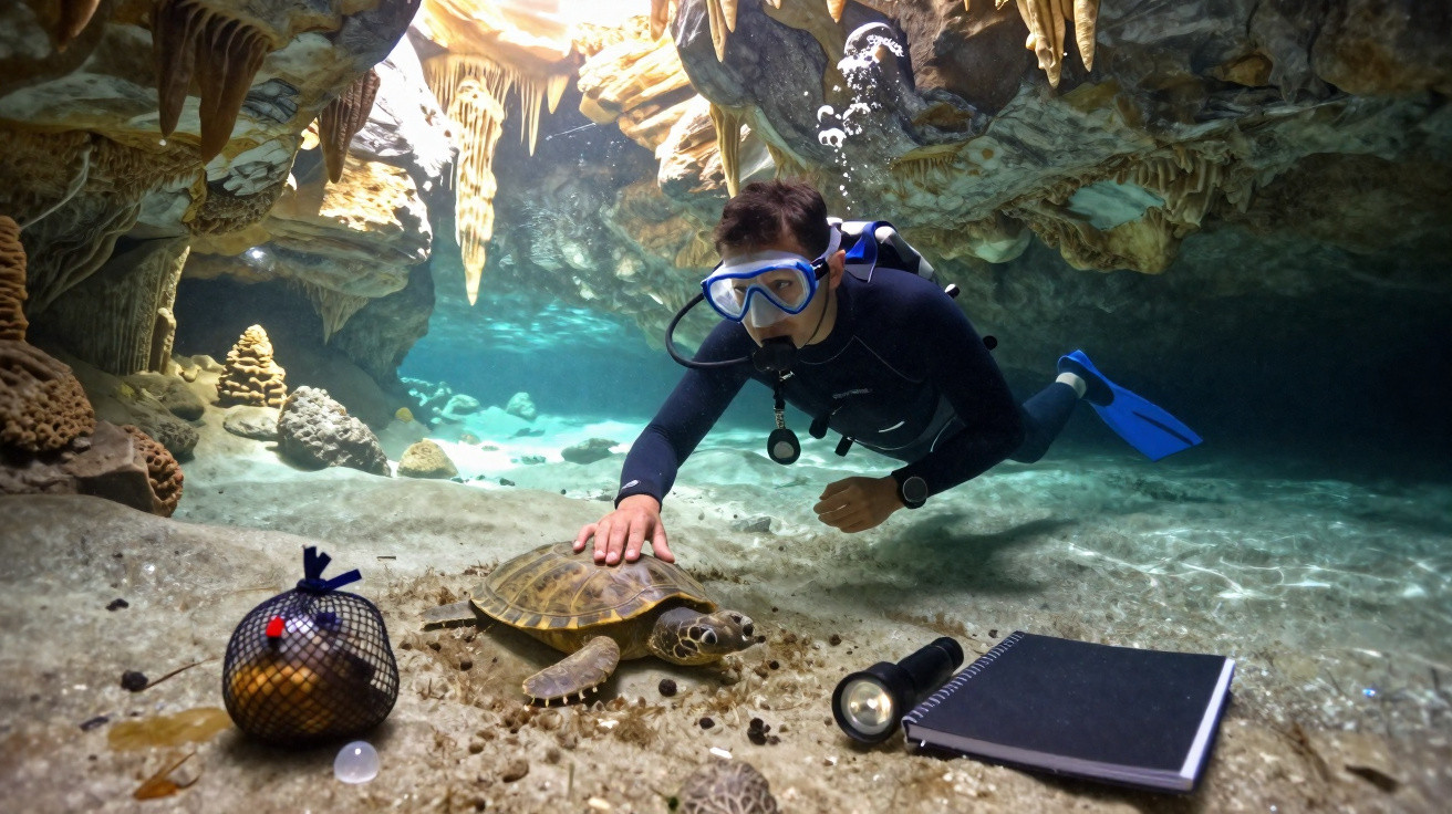 Mergulhador em caverna subaquática tocando tartaruga marinha perto de lanterna, caderno e objetos no fundo.