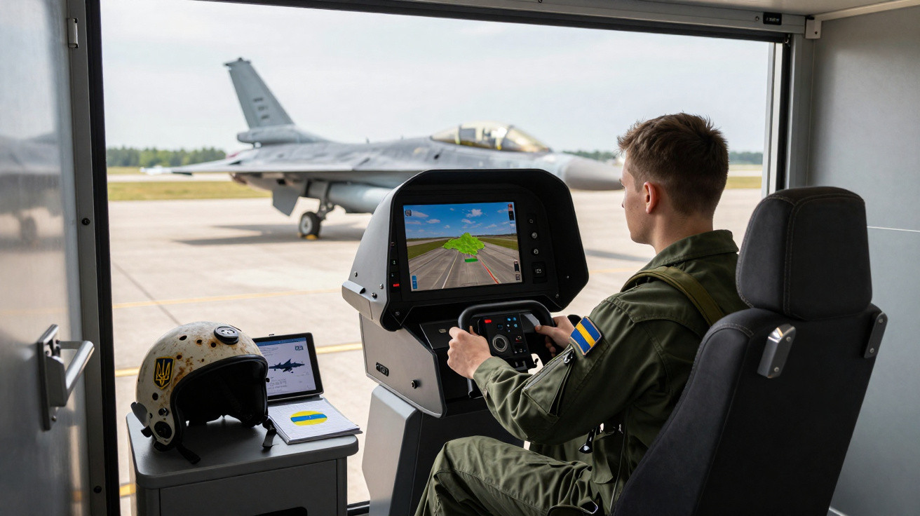 Jovem piloto controla simulador de voo com caça ao fundo em hangar aberto.
