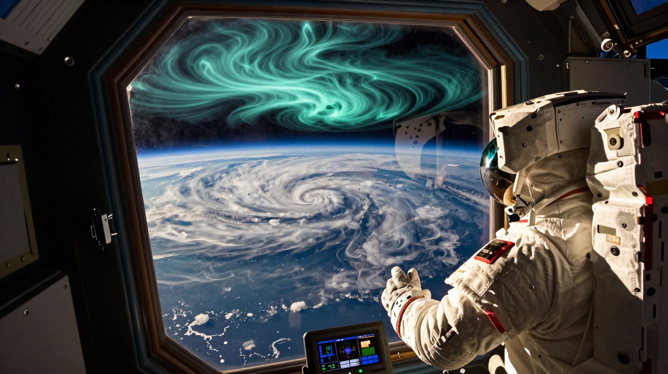 Astronauta observa tempestade em espiral e aurora verde vista da estação espacial em órbita terrestre.
