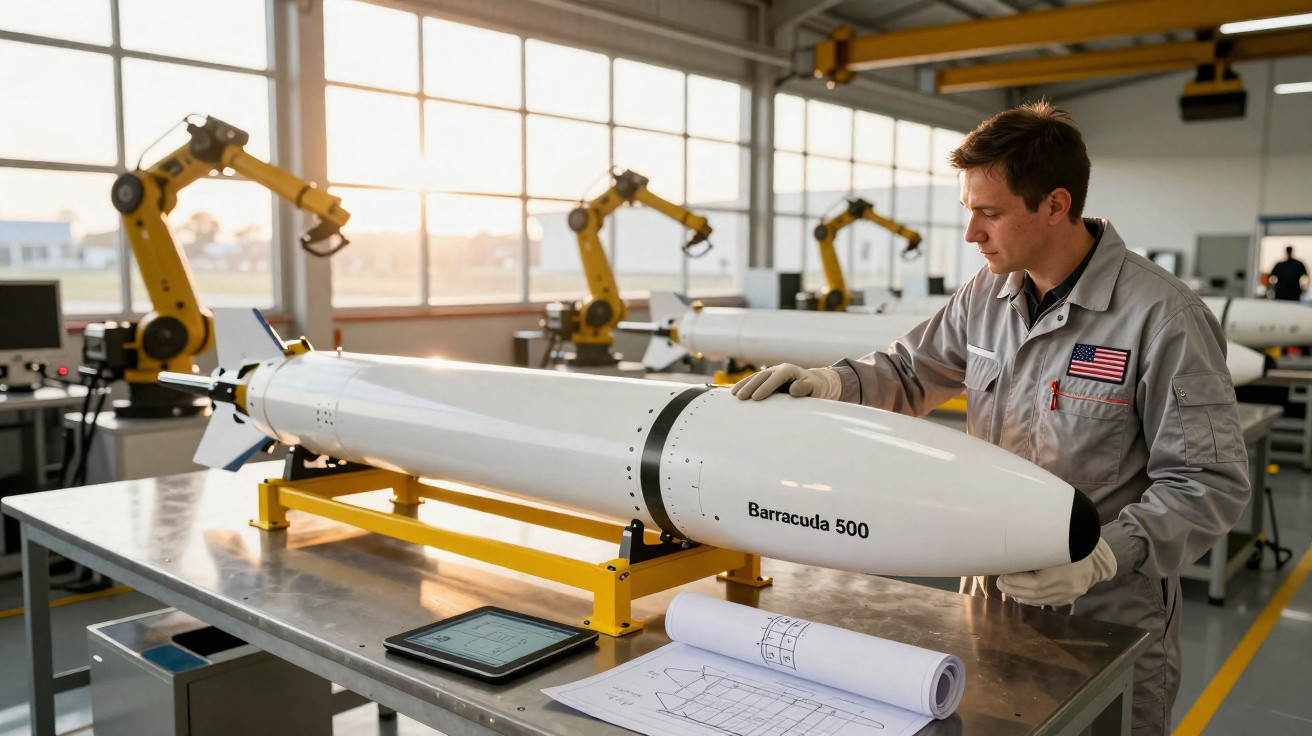 Homem com uniforme cinza inspeciona torpedo Barracuda 500 em bancada de fábrica com braços robóticos ao fundo.