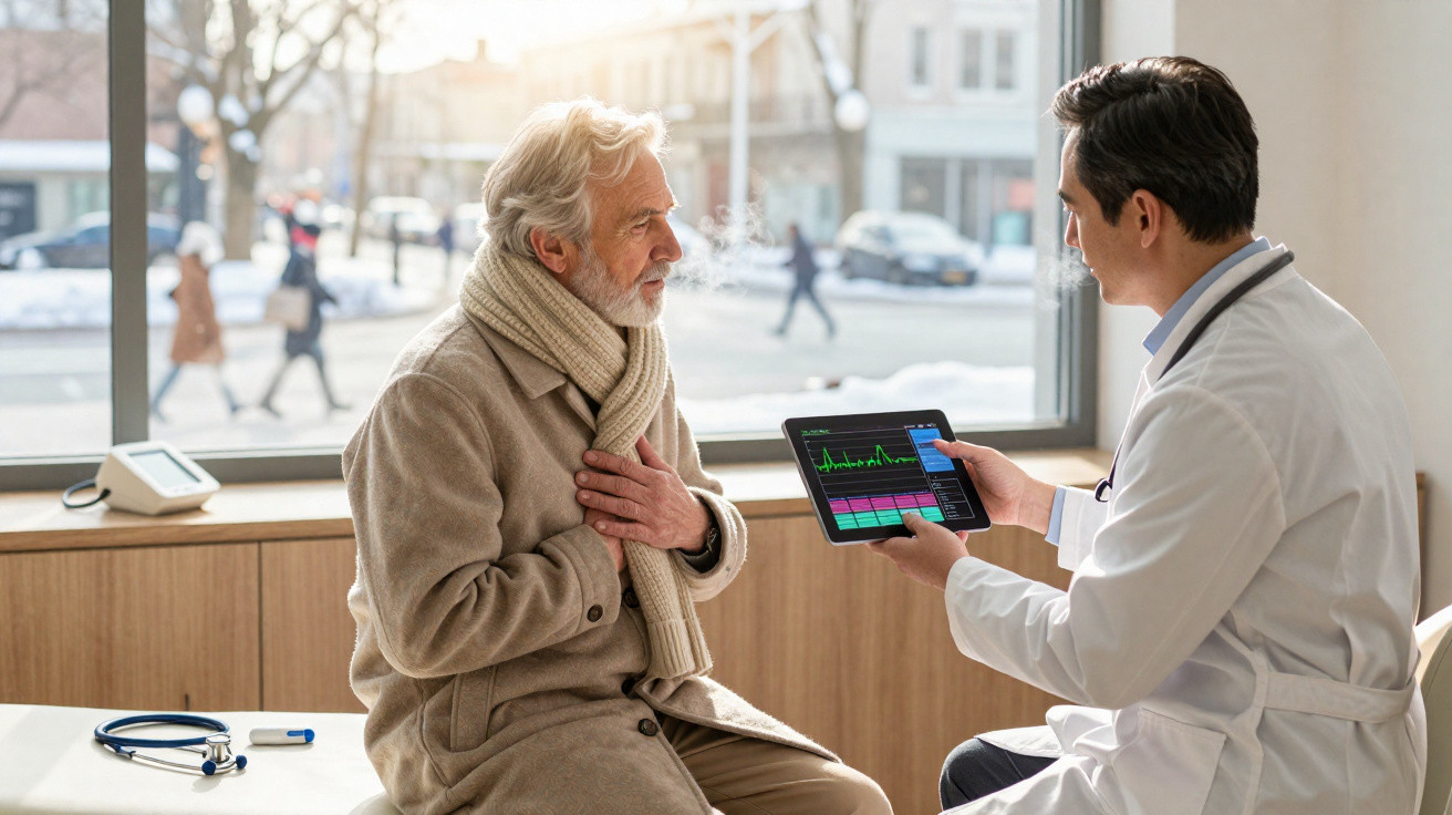 Médico mostra eletrocardiograma em tablet para paciente idoso que segura o peito, em consulta clínica.