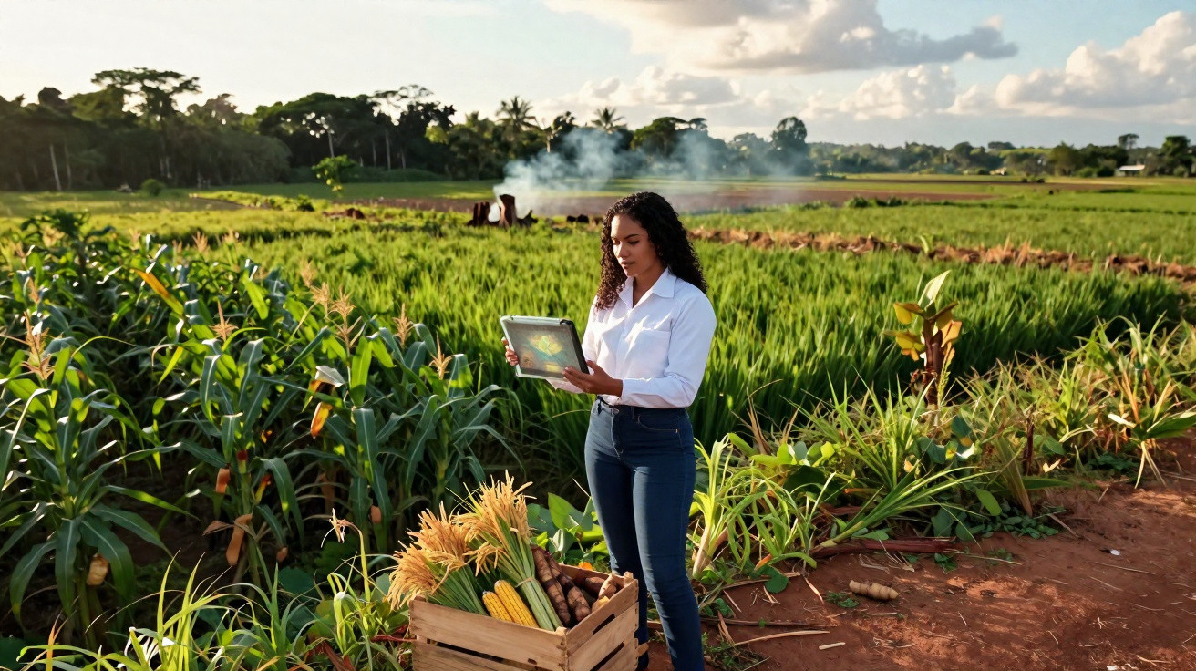 Mulher com tablet em plantação ao ar livre, ao lado de cesta com milho e raízes colhidas.