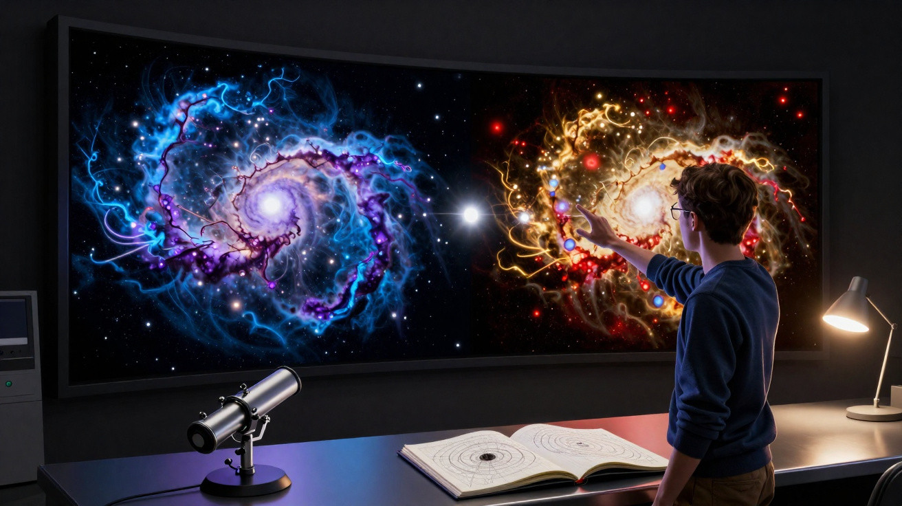Pessoa interagindo com projeção de galáxias coloridas em tela curva em ambiente de estudo com telescópio e livro aberto.