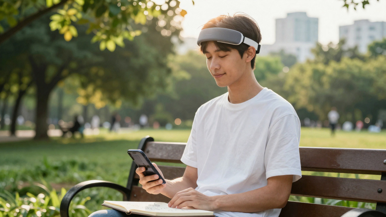 Jovem sentado em banco no parque, usando dispositivo na cabeça e mexendo no celular, com livro aberto no colo.