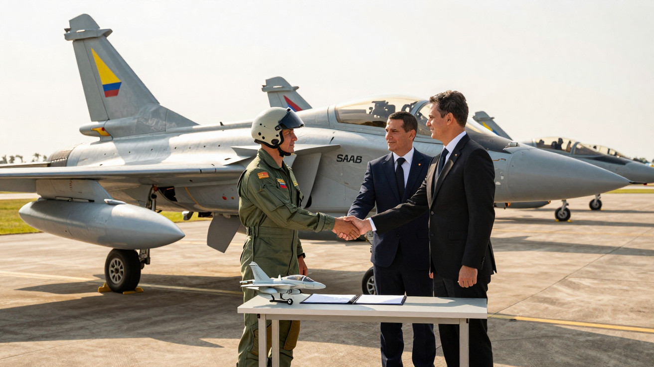 Dois homens de terno apertam a mão de um piloto em frente a um caça JAS 39 Gripen da Força Aérea da Colômbia.