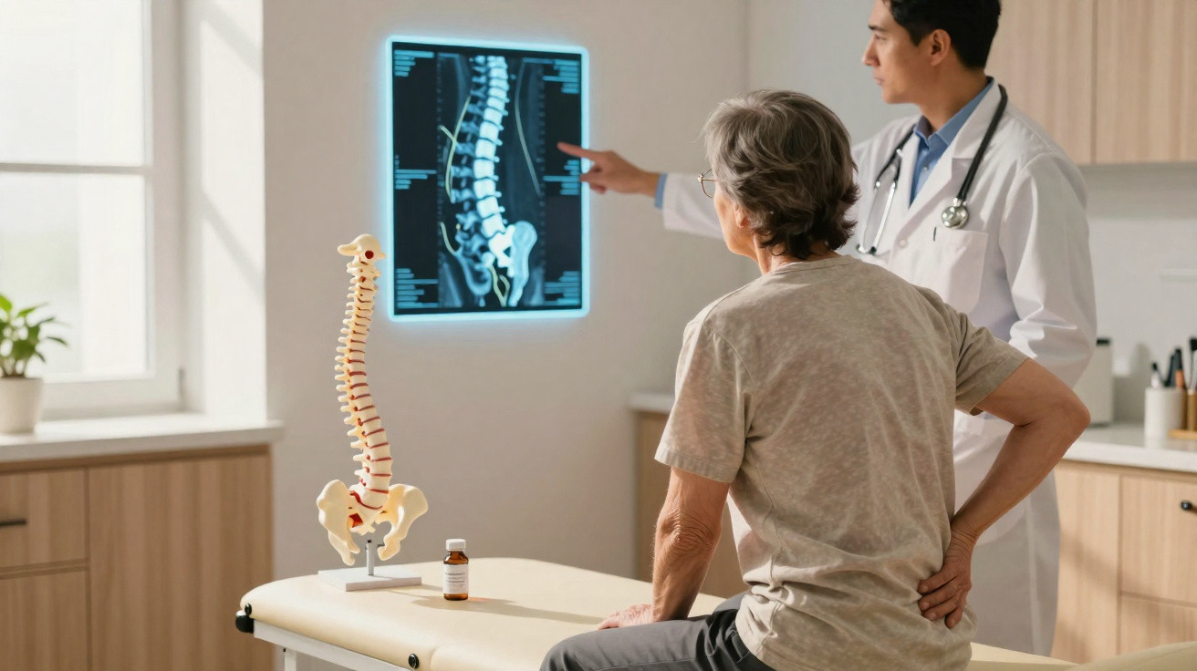 Paciente sentado segurando a lombar enquanto médico analisa raio-x da coluna em consultório.