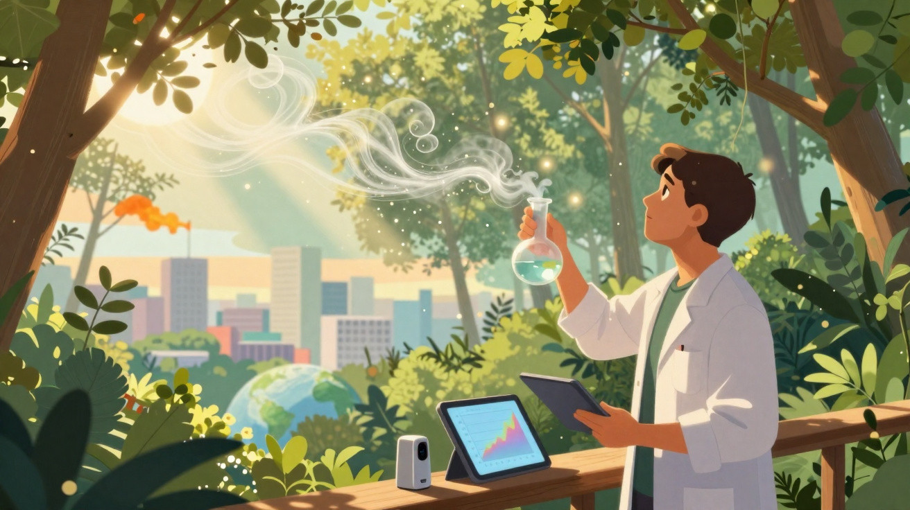 Cientista com jaleco em ambiente natural, analisando reação química com cidade ao fundo.