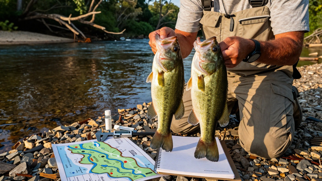 Pessoa segura dois peixes grandes em margens de rio com mapas e caderno no chão de pedras.