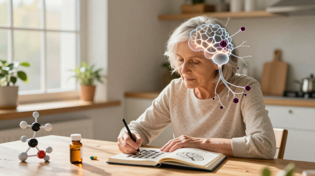Mulher idosa estudando cérebro em caderno, com ilustração de neurônios e moléculas ao redor.
